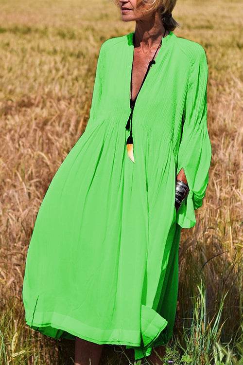 Ovesized Deep V Neck Long Sleeve Cotton Linen Swing Dress