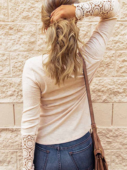 Round Neck Stitching Lace Long Sleeve T-Shirt(14 colors)