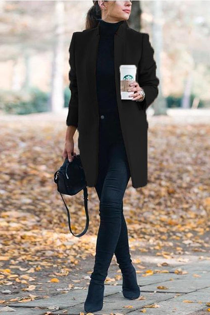 Ellen Stand Collar Open Front Pockets Coat