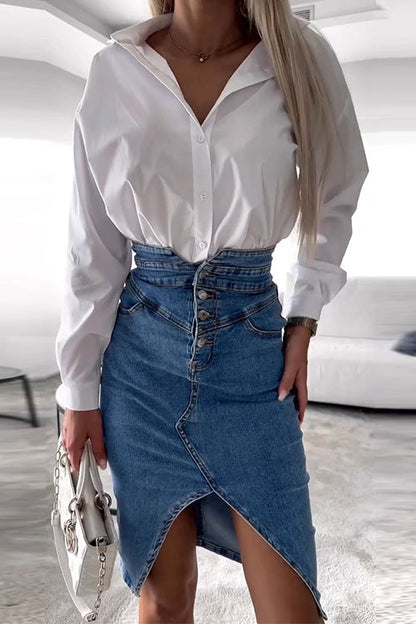 High Waist Slit Front Knee Length Denim Skirt