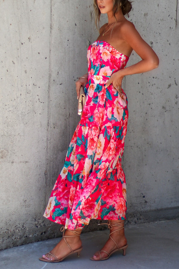 Valeria Floral Strapless Tiered Midi Dress