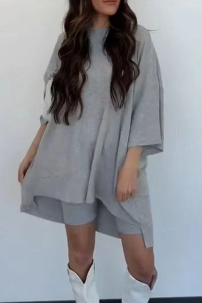 Fashion solid color loose fitting T-shirt+tight shorts for women