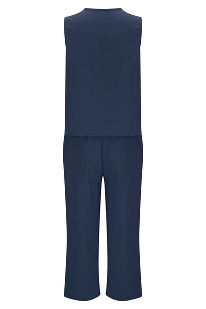 Mchoice Women's Summer Outfits Fashion V-neck Solid Color Sleeveless Tops and Loose Pocket Pants Suit