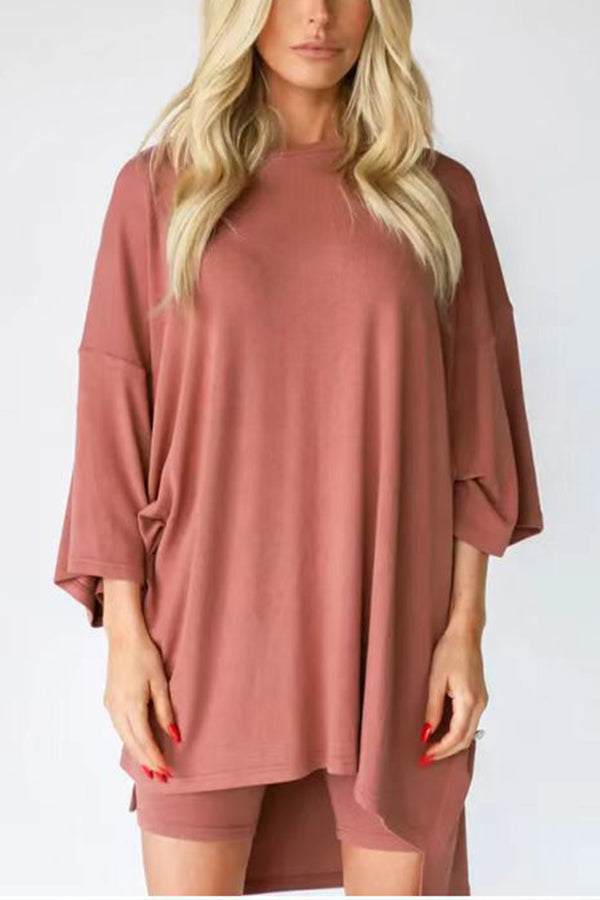 Fashion solid color loose fitting T-shirt+tight shorts for women