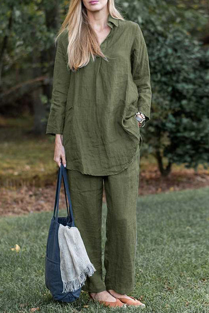 Solid color elegant retro loose lapel long sleeve shirt wide leg pants casual suit