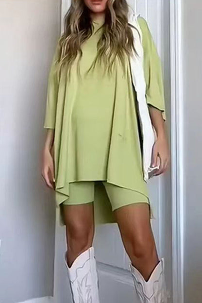 Fashion solid color loose fitting T-shirt+tight shorts for women