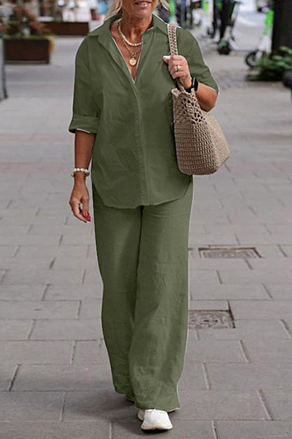 Two Piece Set Lapel Long-Sleeved Shirt Casual Solid Color Wide-Leg Pants Suit